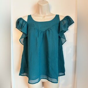 Anthropologie Maeve Teal Checkered Cold Shoulder Ruffle Blouse